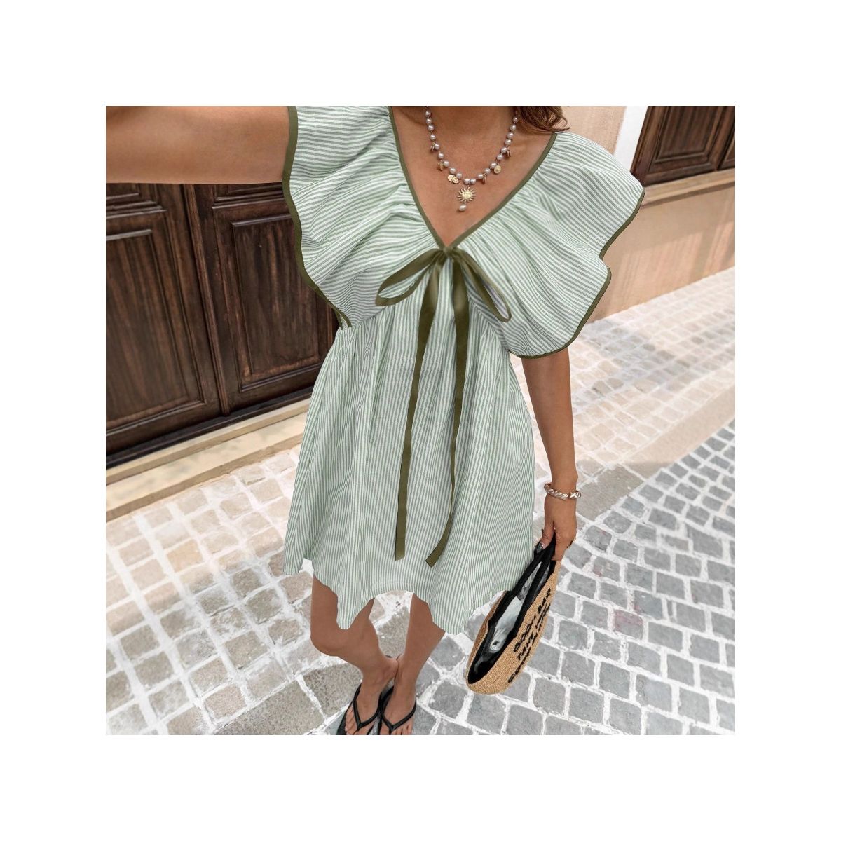 Garvee Women Striped V Neck Babydoll Mini Dress Flounce Patch Short Sleeve Backless Sun Dress Tie Front High Waist Ruffle A Line Dresses - thumbnail 6