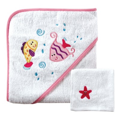 Luvable Friends Baby Girl Cotton Hooded Towel and Washcloth, Pink, One Size