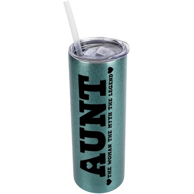 Elanze Designs Turquoise Blue 20 Ounce Double Wall Stainless Steel Glitter Travel Tumbler With Sliding Lid And Straw, Aunt The Woman The Myth The