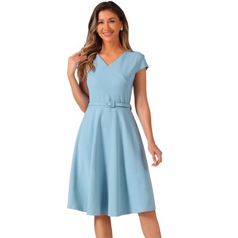 Женские платья INSPIRE CHIC Women's Belted V Neck Cap Sleeve Flowy A-line Cocktail Dresses Blue Large