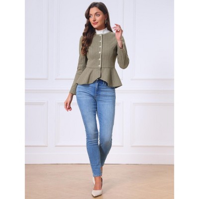 INSPIRE CHIC Women Vintage Crew Neck Herringbone Long Sleeve Button Down Ruffled Hem Business Casual Jackets Large Brown Khaki — фото 4