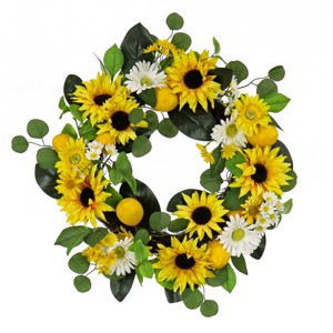 24" Artificial Woven Branch Base Spring Wreath with Daisies, Sunflowers and Lemons - National Tree Company - 1 of 3
