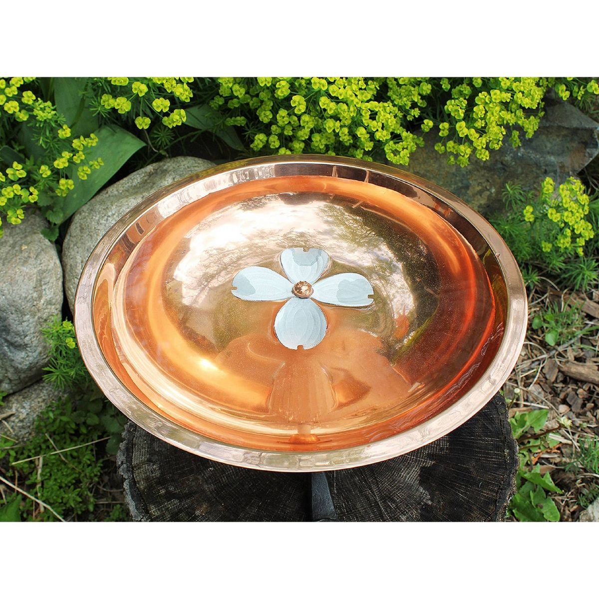 Achla Designs 8" Dogwood Garden Birdbath, Copper Plated/Patina Finish, Tripod Stand: Stainless Steel, Freestanding - thumbnail 5