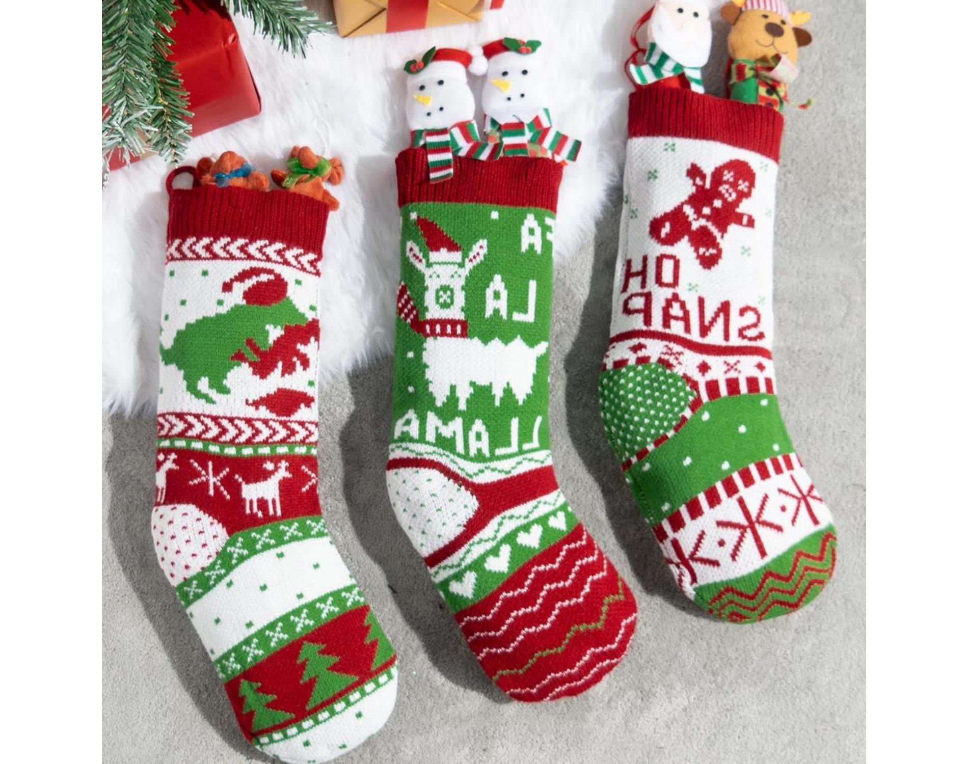 Joyfy 3 Pack Knit Christmas Stockings, Red & Green Large Rustic Cable Knit Xmas Stocking for Christmas Holiday Decoration
