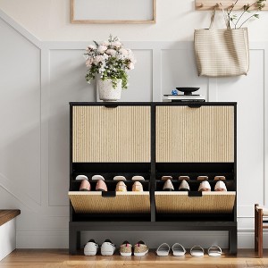 Wooden Fluted Shoe Storage Cabinet with 4 Flip Drawers, Narrow with Metal Legs, Modern Farmhouse Hidden Shoe Rack for Entryway, Hallway - 1 of 4
