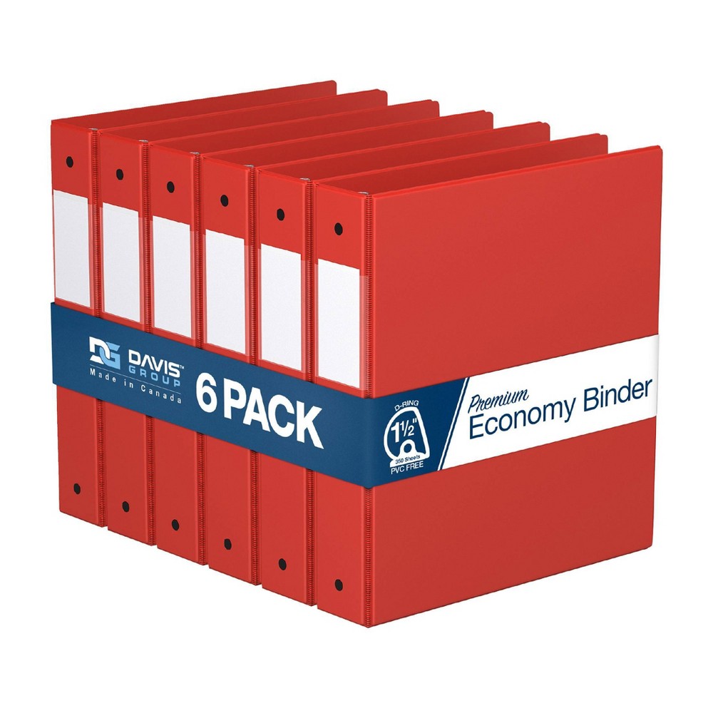 Davis Group 6pk 1.5" Premium Economy Round Ring Binders Red: Hard Cover, 350 Sheet Capacity, 2 Pockets, Polypropylene