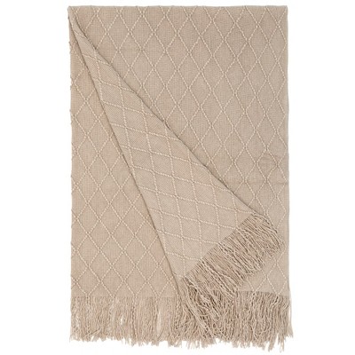 Khaki Knitted Throw Blanket Set with Fringe Edges, 50x60 in