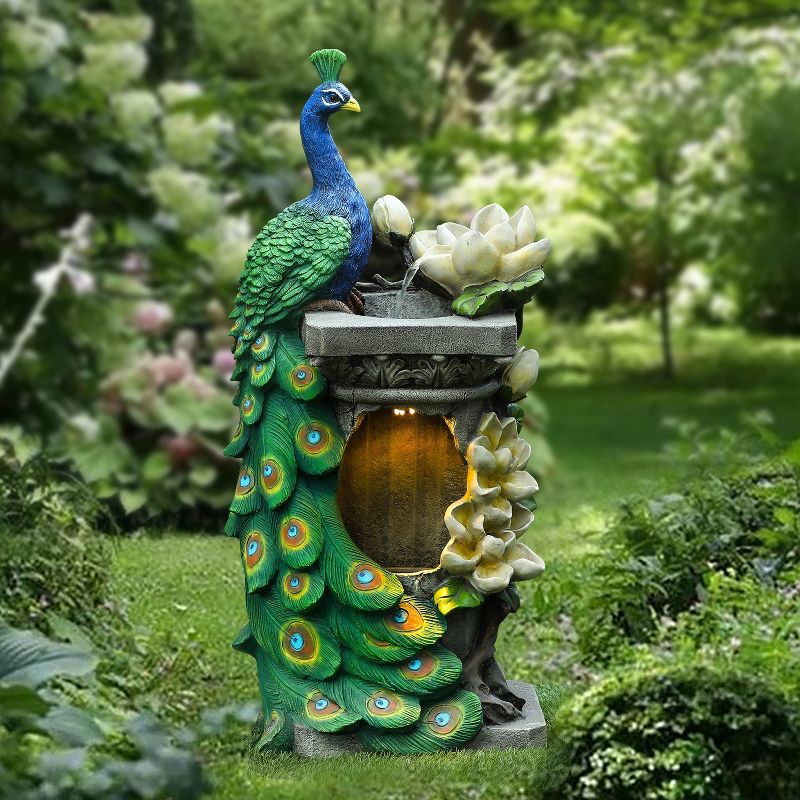 LuxenHome Resin Blue and Green Peacock Outdoor Fountain Garden Fountain with LED Light Multicolored, 2 of 17