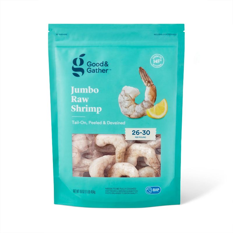 Jumbo Tail On Peeled &#38; Deveined Raw Shrimp - Frozen - 26-30ct per lb/16oz - Good &#38; Gather&#8482;, 1 of 8