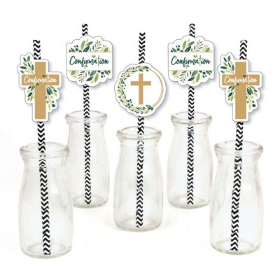 Big Dot of Happiness Confirmation Elegant Cross - Paper Straw Decor - Religious Party Striped Decorative Straws - Set of 24