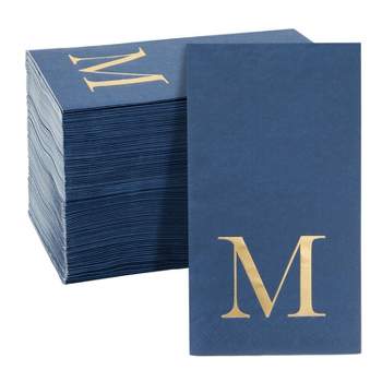Sparkle and Bash 100 Pack Navy Blue Monogrammed Gold Foil Letter M Paper Dinner Napkins for Engagement & Wedding Party, 4x8 in