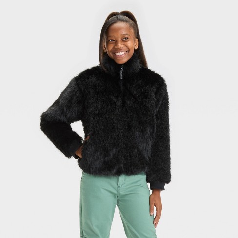 Girls Solid Faux Fur Jacket art class Black XS