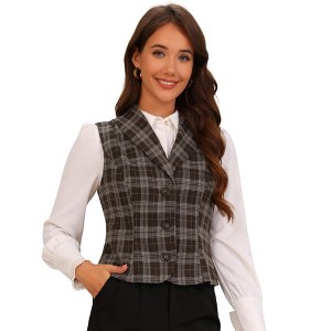 Allegra K Women's Christmas Shawl Collar Button Down V Neck Sleeveless Vintage Plaid Vest - 1 of 4