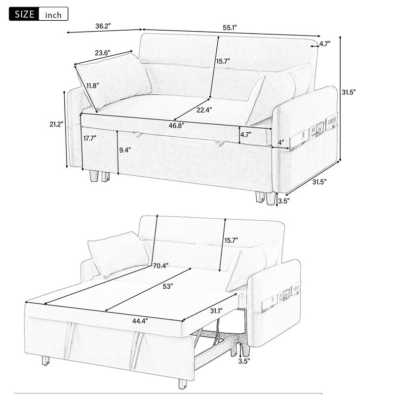 55.1" Pull Out Sleep Sofa Bed, Loveseats Sofa Couch with Adjsutable Backrest, Storage Pockets and Pillows-ModernLuxe, 3 of 16