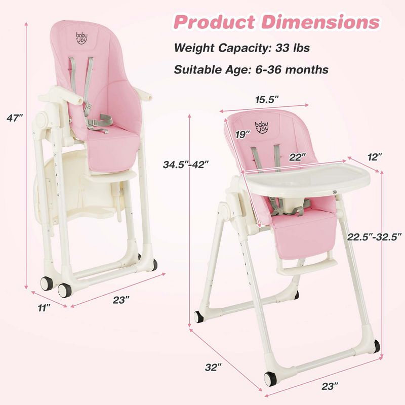Babyjoy 4-in-1 Foldable Baby High Chair Height Adjustable Feeding Chair with Wheels Grey/Beige/Pink, 3 of 9