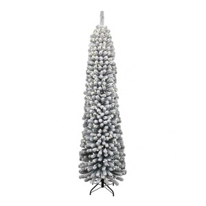 King Of Christmas 7ft Pre-Lit Artificial Flocked Pencil Christmas Tree Prelit with 400 Warm White LED, Prince Flock Prelit Pencil Christmas Tree - 1 of 4