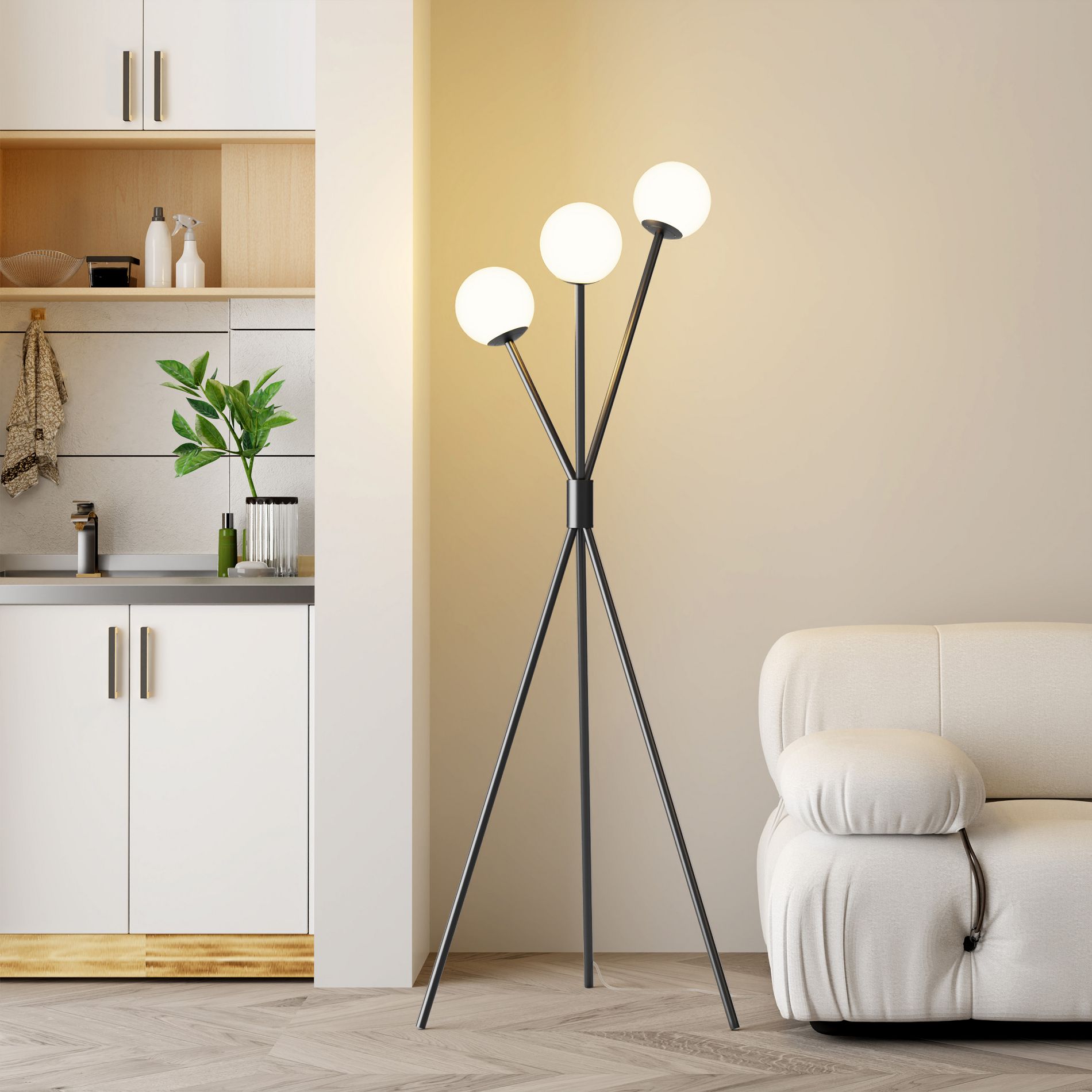 Maxax 3 Lights Globe Floor Lamps for Living Room, Modern Black Standing Lamps for Bedroom, Office