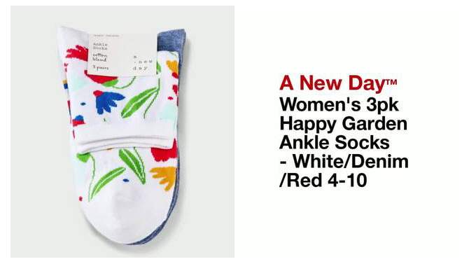 Women&#39;s 3pk Happy Garden Ankle Socks - A New Day&#8482; White/Denim/Red 4-10, 2 of 5, play video