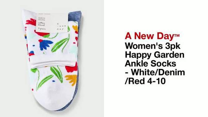 Women&#39;s 3pk Happy Garden Ankle Socks - A New Day&#8482; White/Denim/Red 4-10, 2 of 5, play video
