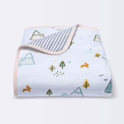 Jersey Knit Reversible Baby Blanket Adventures Cloud Island White Gray Pink