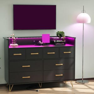 Storage cabinet, 8 drawer dresser with LED lights and charging station, wooden chest of drawers, open space, entryway, living room storage organizer - 1 of 4