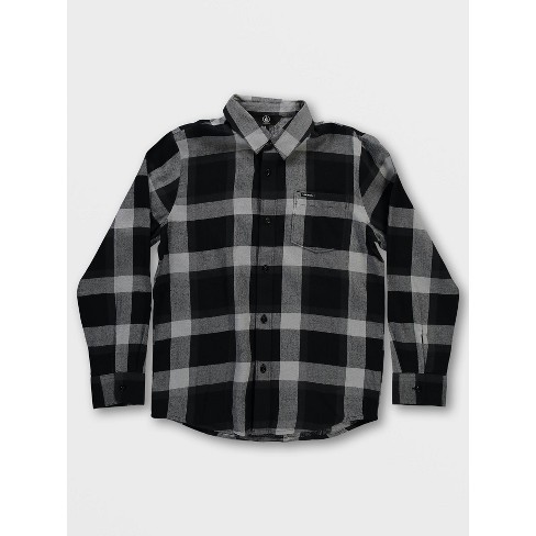 Volcom Boys Curwin Long Sleeve Flannel Shirt, Black Grey - L