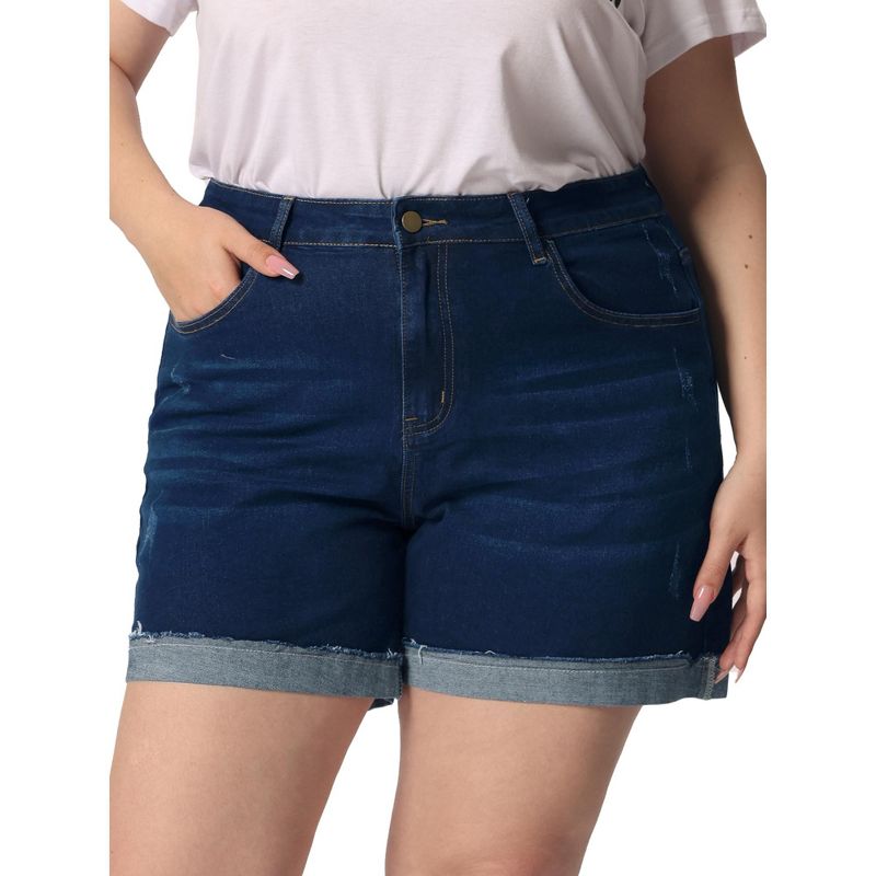 Agnes Orinda Women's Plus Size Denim Roll Hem High-Rise Stretch Trendy Jean Shorts, 1 of 6