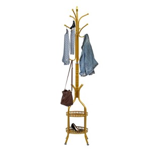 YIYIBYUS Modern Metal Coat Rack Stand with Double Layer Basket, Freestanding Coat Rack with 12 Hooks - 1 of 4