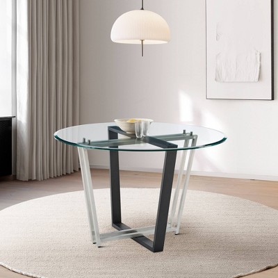 Devi 48" Round Glass Dining Table with Black Iron and Stainless Steel Base