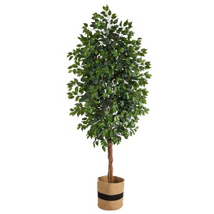 Nearly Natural 8-ft Ficus Artificial Tree in Handmade Natural Cotton Planter - 1 of 4