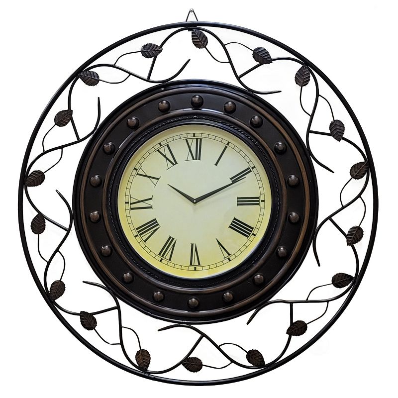 Clockswise 36" Extra large Decorative Vintage Roman Numerical Wall Clock with Black Metal Leaf Design Frame, for Dining, Living Room, or Kitchen, 1 of 8
