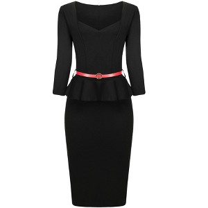 Hobemty Women's Sweetheart Neck Peplum Waist Belted 3/4 Sleeve Sheath Pencil Dresses - 1 of 4