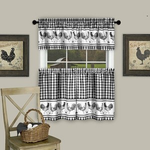 Kate Aurora Country Farmhouse Barnyard Plaid Rooster Kitchen Curtain Tier & Valance Set - 1 of 2