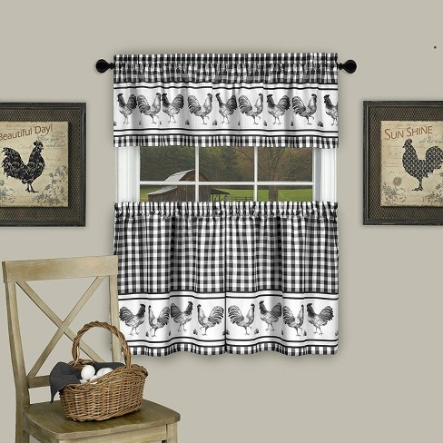 Kate Aurora Country Farmhouse Barnyard Plaid Rooster Kitchen Curtain Tier & Valance Set - image 1 of 2