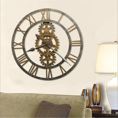 Oversized Gray and Brown Metal Wall Clock with Gears