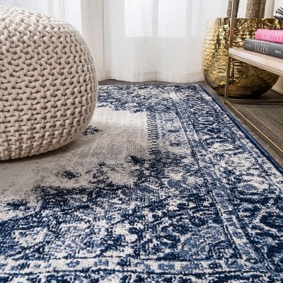 Handmade Rectangular Dark Blue/Ivory Synthetic Area Rug