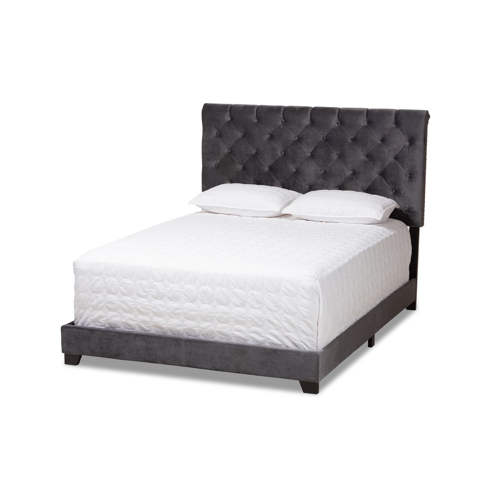 Photos - Bed Queen Candace Velvet Upholstered  Dark Gray - Baxton Studio: Chrome Nailhead, Solid Wood