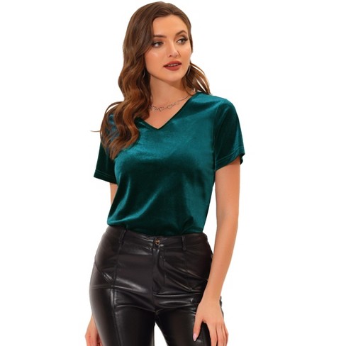 Unique Bargains Women's V Neck 3/4 Sleeve Cross Wrap Ruched Velvet Blouse  Top 