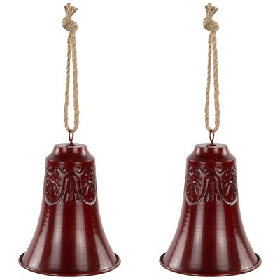 Burgundy Embossed Metal Christmas Bell Ornaments with Jute Rope - Set of 2