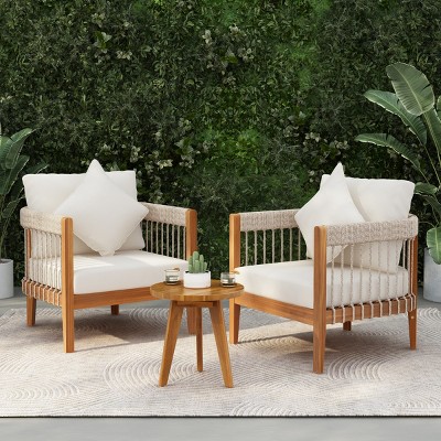 3 Piece Acacia Wood Outdoor Patio Chat Set with Cushions, Boho Tub Rope Patio Club Chair Set of 2 with Side Table for Porch Garden-Coolbibila