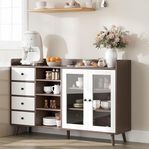 Sideboard Buffet Cabinet with Storage, Wooden Coffee Bar Cabinet with Glass Doors, Drawers & Adjustable Shelves for Kitchen or Dining Room, Natural - 1 of 4