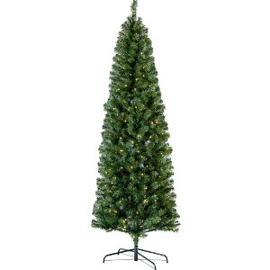 6.5FT Pencil Christmas Tree, Pre-Lit Slim Green Xmas Tree with 586 Branch Tips, 250 LED Lights & 8 Lighting Modes, Metal Stand, for Home Office Party - 1 of 4