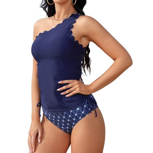 Women Two Piece Swimsuits One Shoulder Bathing Suits Tummy Control Ruched  Wavy Edge Tankini Sets