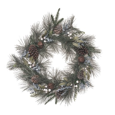 Image of Transpac Artificial 24 in. Christmas Mixed Greenery Wreath with Rustic Bells