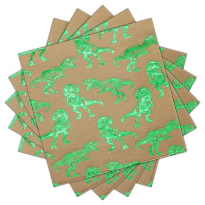 DYLIVeS Dinosaur Party Napkins, Green Foiled Dinosaur Cocktail Party Napkins, Disposable Kraft Paper Napkins for Birthday Party Supplies Decorations