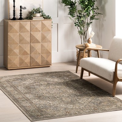 Beige Rectangular Synthetic Non-slip Medallion Area Rug