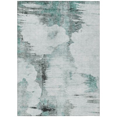Teal Blue Silver And Gray Abstract Washable Indoor Outdoor Area Rug
