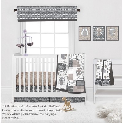 Bacati - Owls in the Woods Beige/Gray 10 pc Crib Bedding Set with 2 Crib Fitted Sheets