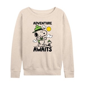 Women's - Peanuts - Adventure Awaits Lightweight French Terry Wide Neck Long Sleeve Shirt - 1 of 4