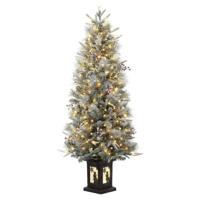 4.5 Ft Artificial Christmas Tree with 200 Warm White  Lights and Red Berries Potted Base Holiday Xmas Tree